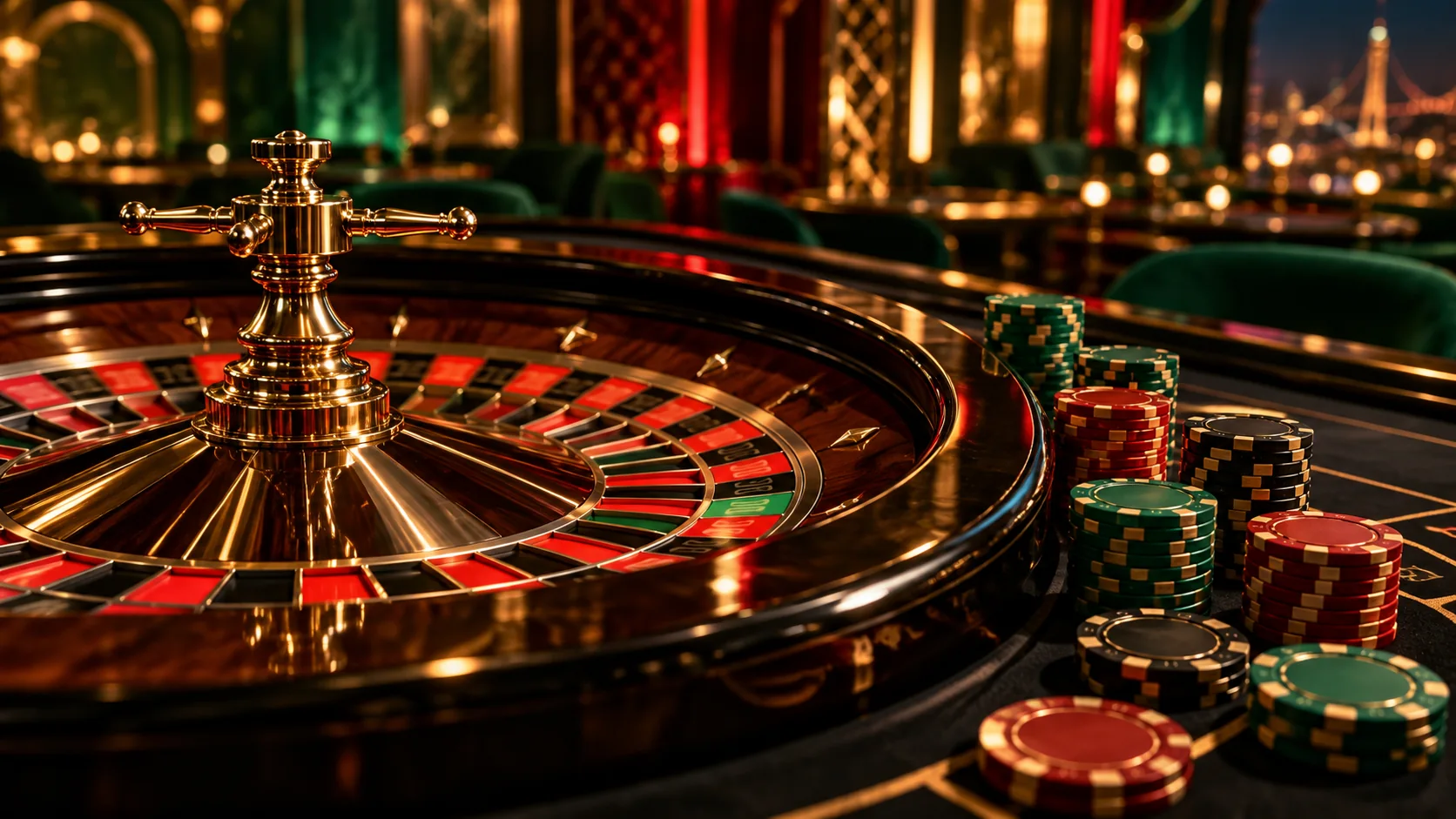 Rulet çarkı ve renkli casino fişleri